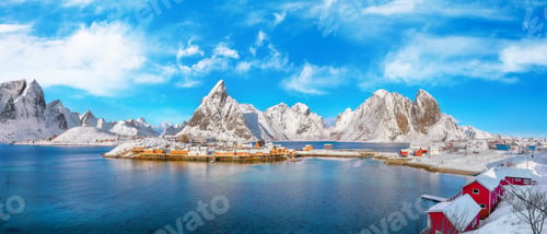 Preview: Amazing winter view of Sakrisoy village and snowy mountaines on background.