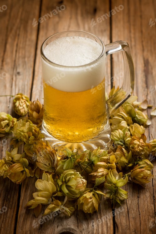 Preview: Home made beer with hop cone over wood background
