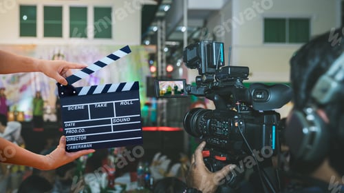 Preview: Man hands holding movie clapper. Film director concept.