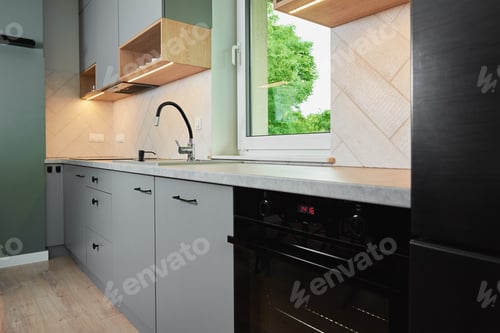 Preview: Modern kitchen interior with cabinets and empty countertop