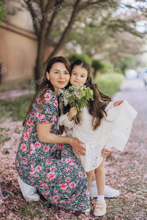 Preview: Mother and daughter holding flower bouquet posing in spring park