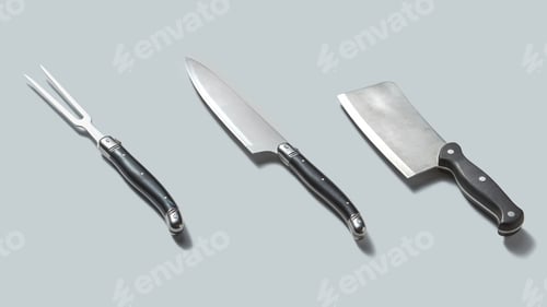 Preview: Steel kitchenware for cutting meat isolated on a gray background with shadows, place for text