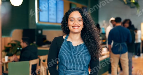 Preview: Portrait, happy woman and waitress in coffee shop, store or restaurant for retail service. Face, sm