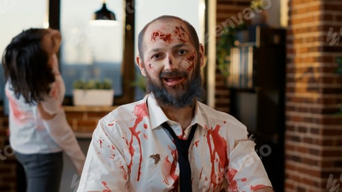 Preview: Mindless dumb looking zombie in office workspace sitting at table.