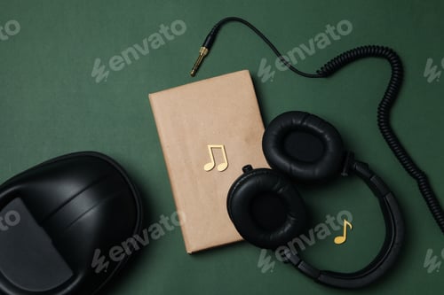 Preview: Headphones, case and book on dark green background, top view