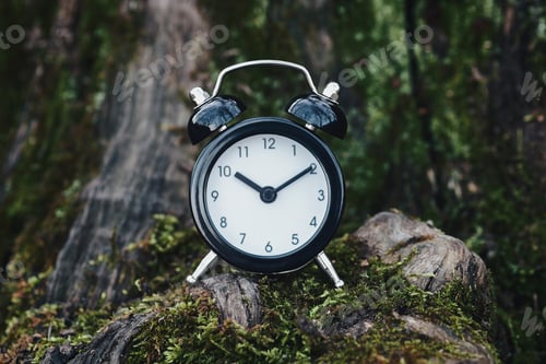 Preview: Clock in the forest, time-break, spending time in nature and flow of time concept