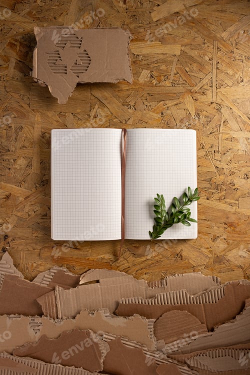Preview: Notebook and cardboard torn waste paper on chipboard background texture
