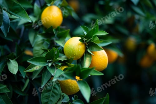 Preview: Close-up of a lush citrus tree with vibrant, ripening oranges growing on its branches