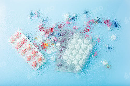 Preview: pill tablet capsule medicine through water drops background