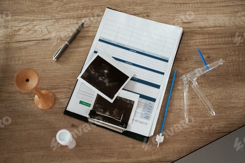 Preview: Ultrasonography pictures. Doctor's equipment, objects on the table
