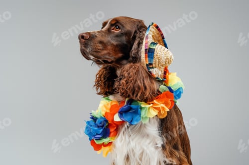 Preview: Portrait of english springer dog wearing straw hat
