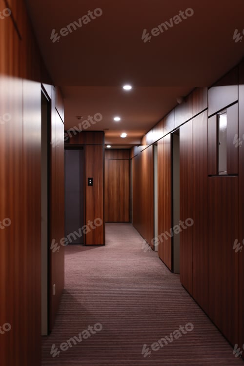 Preview: Empty dark interior of the modern Hotel corridor, with wood-paneled walls, elegant carpets and