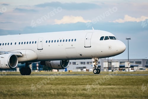 Preview: Traffic at the airport. Airplane landing on the runway.