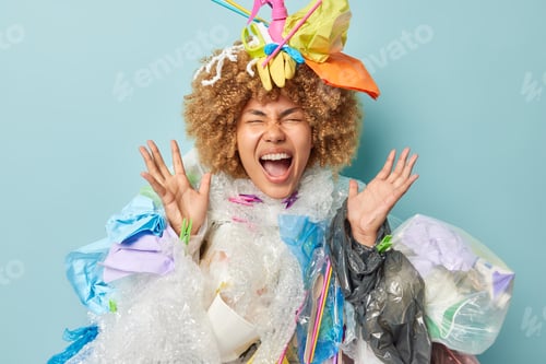 Preview: Emotional woman volunteer collects plastic garbage tries to save planet from contamination keeps pal