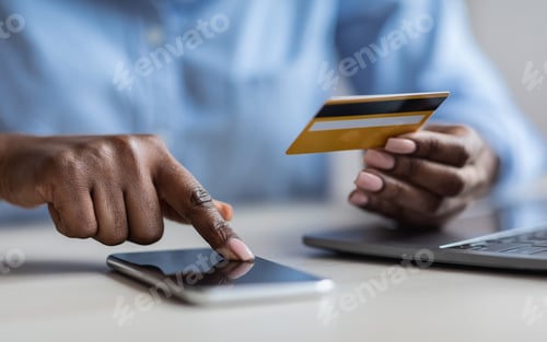 Preview: Unrecognizable Black Lady Browsding Mobile Banking App And Holding Credit Card