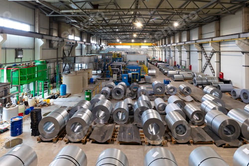 Preview: Photo of production line of metal tile for roof. Steel forming machine in metalwork factory workshop