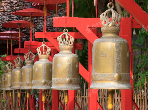 Preview: Close up of ornate bells hanging outside temple, Chiang Mai, Chiang Mai, Thailand