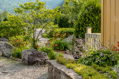 Preview: Stone wall hardscaping and landscaping in yard