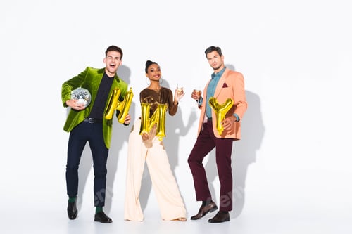 Preview: happy african american woman near men, disco ball and balloons on white