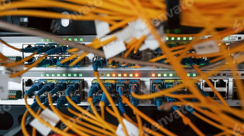 Preview: Close up view of internet equipment and cables in the server room