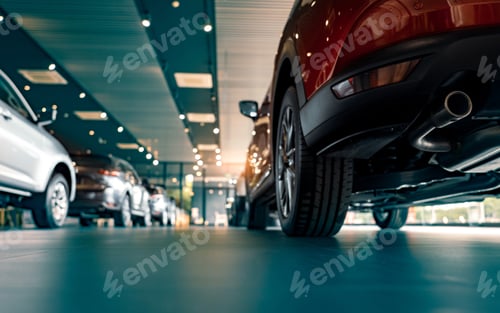 Preview: Rearview car parked in luxury showroom. Car dealership office. New car parked in modern showroom.