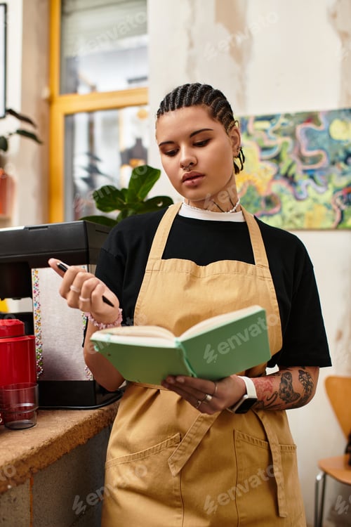 Preview: Young woman immersed in reading at a charming cafe during a sunny afternoon