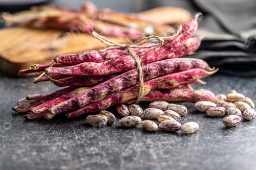 Preview: Cranberry beans. Beans pods on black table.