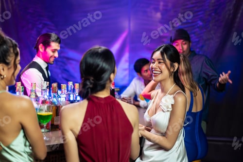Preview: Asian beautiful women having fun, meeting each other in bar restaurant.
