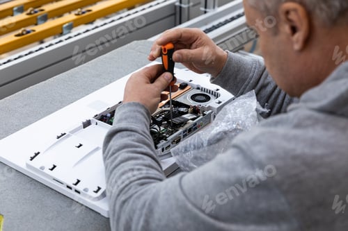 Preview: Photo of an adult man in a gray sweater who assembles a computer monitor system block on an conveyor