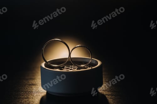 Preview: two gold wedding rings in a white box on a black background
