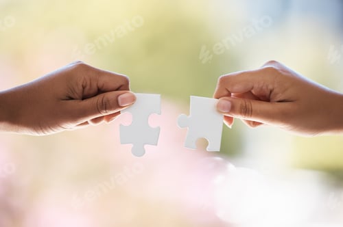 Preview: Puzzle, hands and businesspeople connected for company merger and support. Partner, collaborate and