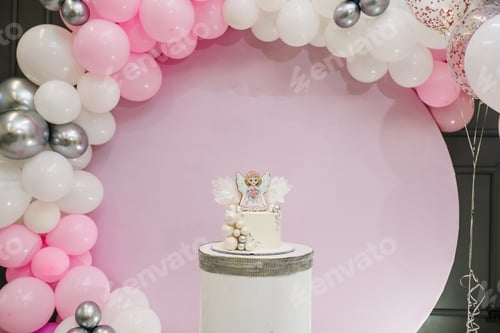 Preview: Birthday Cake on a background pink, white and silver balloons. Baby shower party. Trendy Cake with