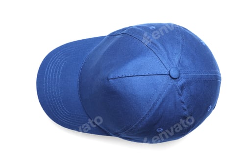 Preview: Stylish blue baseball cap on white background, top view