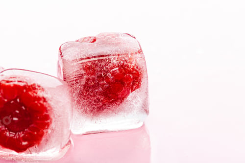 Preview: Raspberry ice cubes on pink glossy background