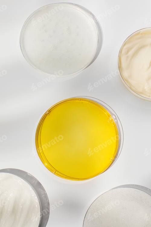 Preview: Antiaging cosmetic products in Petri dishes in white table