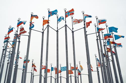 Preview: International flags of many countries of the world waving on poles outdoors against a gray sky, low