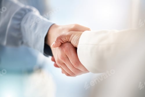 Preview: Hand, handshake and partnership for trust, unity or deal in agreement, meeting or b2b at office. Pe