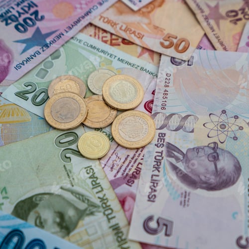 Preview: Various Turkish Lira Banknotes And Coins. Turkish Money