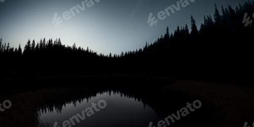 Preview: Silhouette of Mountain Forest and Lake at Sunset