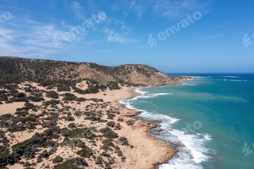 Preview: Gavdos island, Crete, Greece. Aerial drone view of beach, wild landscape, sea, blue sky, nature.