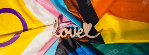 Preview: Banner Wooden word love with heart romance on Rainbow LGBTQIA flag made from silk material