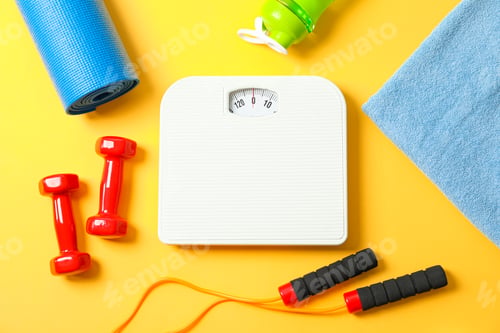 Preview: Flat lay composition with healthy lifestyle accessories on color background
