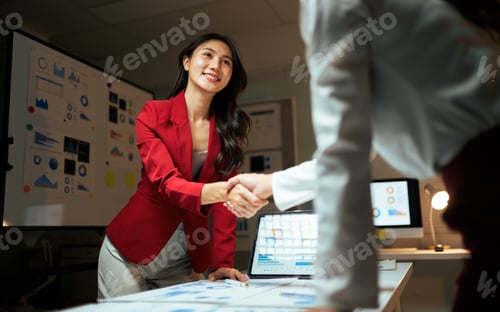 Preview: Businesswomen shaking hands completing successful partnership deal