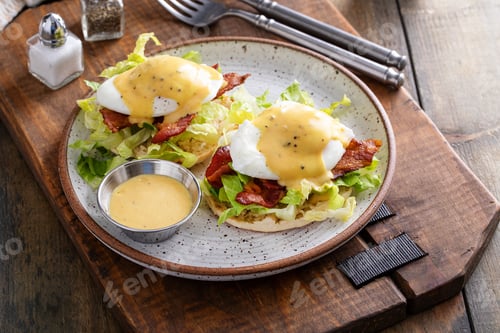 Preview: Eggs Benedict with bacon and lettuce on english muffins
