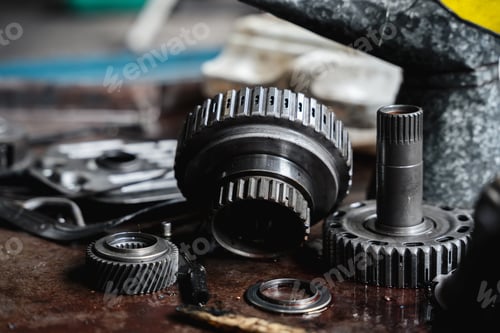 Preview: Close up mechanical parts of car in the garage.