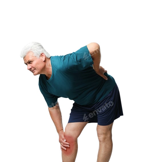Preview: Portrait of senior man having knee problems on grey background