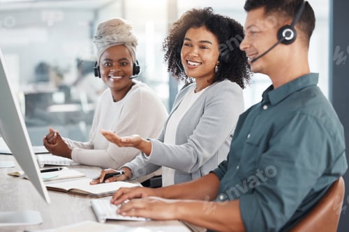 Preview: Young mixed race female call centre telemarketing agent discussing plans with colleagues while work