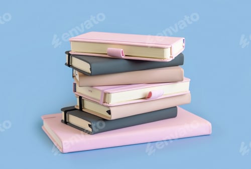 Preview: Stack of pink, beige and grey notebooks on light blue closeup