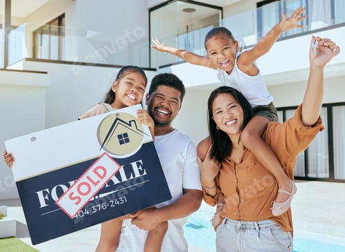 Preview: Family, sign and sold at new house in portrait, happy or smile with parents, kids or happiness. Asi
