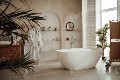 Preview: Luxury interior of big bathroom at modern african style with oval bathtub in natural lighting